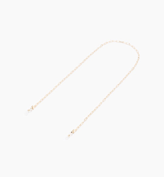 Gold chain with looped ends on a white background.