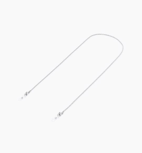 Silver necklace chain with a clasp on a white background.