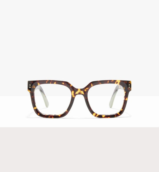 Tortoiseshell square eyeglasses with a light background, shown from the front.