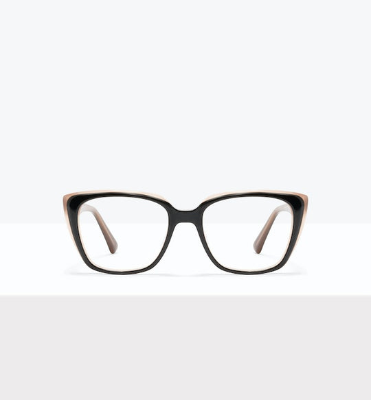 Square-framed eyeglasses with a black and brown gradient design, displayed front-facing on a white background.