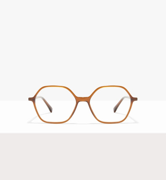 Brown, rounded-square eyeglasses on a white background.