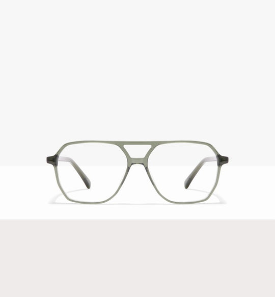 Green aviator-style eyeglasses with clear lenses on a white background.