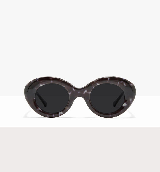 Round black sunglasses with thick, patterned frames on a white background.